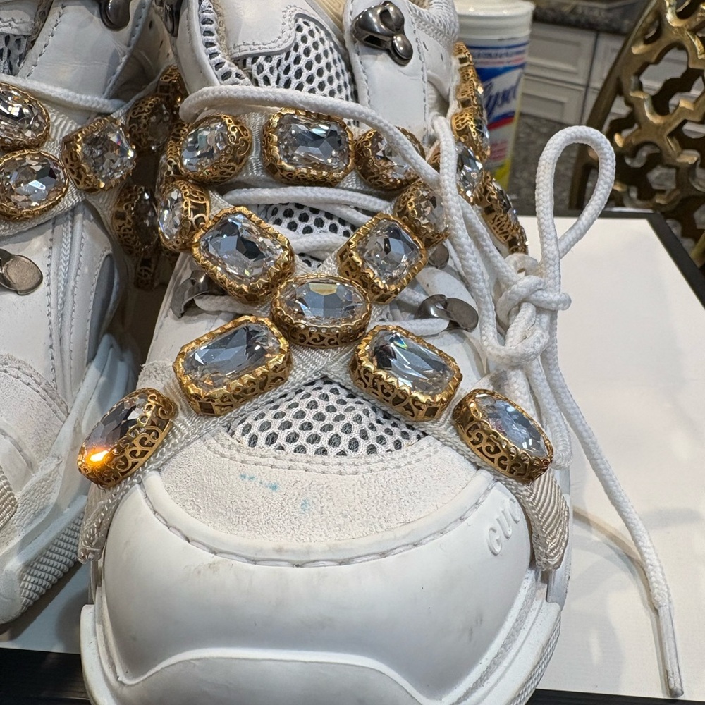 Gucci Women's Cream Sneakers with Gold and Silver Accents - Picture 5 of 8